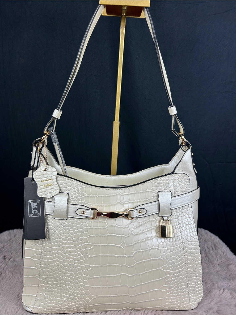 M.C. Genuine Leather Croc Embossed Pearl Bone Shoulder Bag NWT